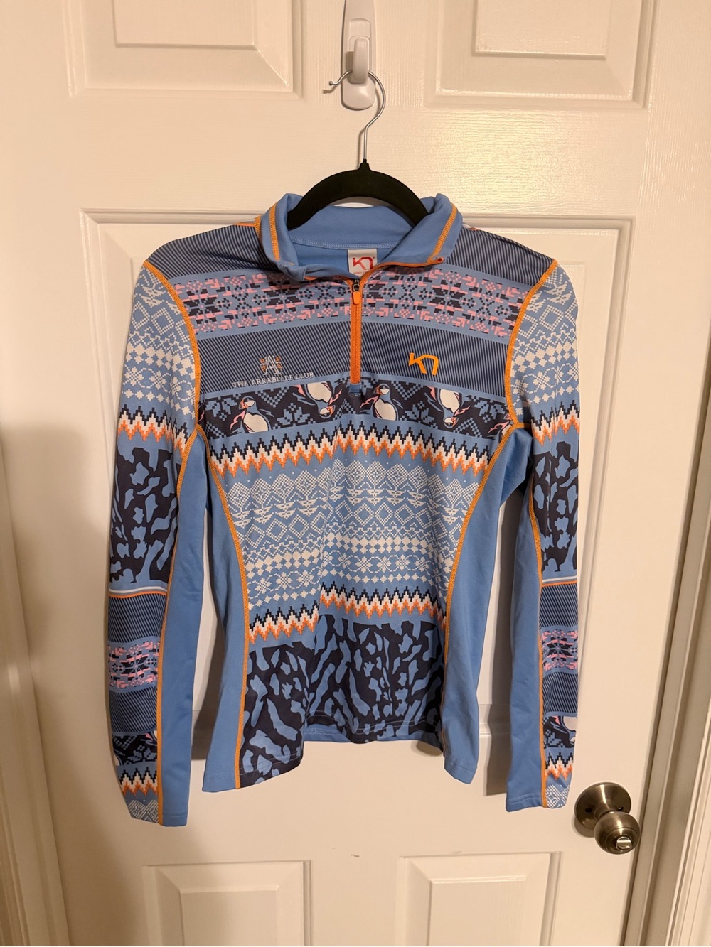 Kari Traa Light Blue Patterned Quarter-Zip Sweater with Orange Trim